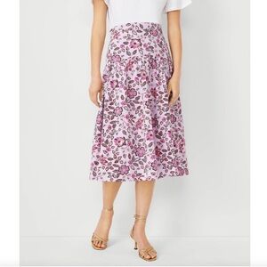 Ann Taylor Pink Floral Print Gathered Yoke Midi Skirt Size 4P A-Line Romantic